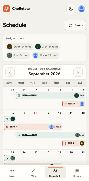 ChoRotate household schedule view