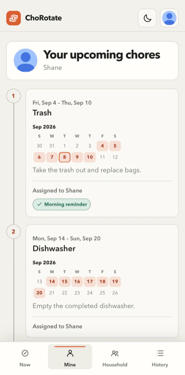 ChoRotate upcoming chores view